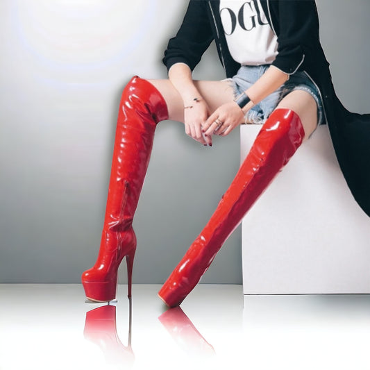 Extrem High Heels XXL Stiefel Overknee Latex-Optik Übergröße rot 15,5cm