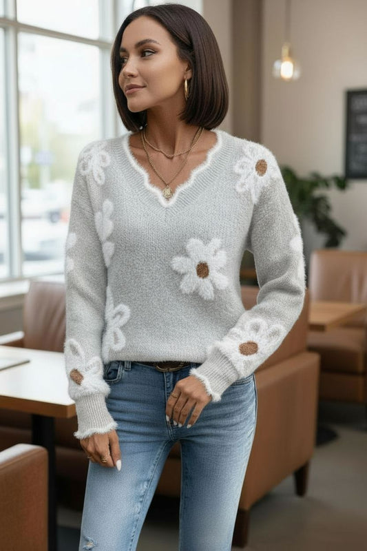 Sweater Pulli Damen Lässig Blumen V-Ausschnitt Langarm Pullover Herbst/Winter