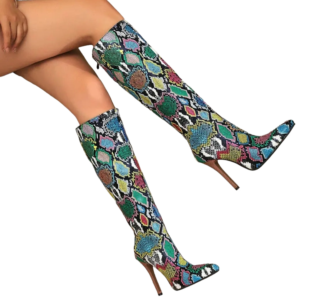 High Heel Boots Stiefel Kniehoch Schlangenhaut bunt