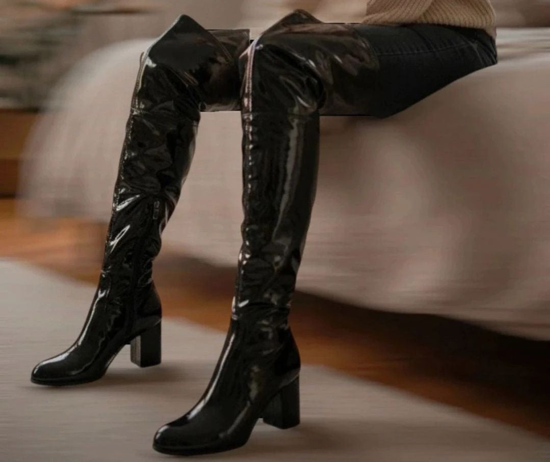 Overknee Stiefel Boots Winterschuhe Blockabsatz Lack-Optik Glanz