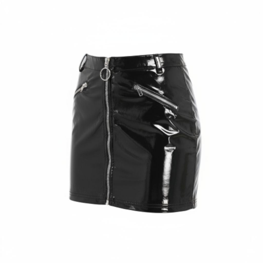 Minirock Mini Rock Reißverschluss Latex-Optik Glanz Vinyl-Glanz neu