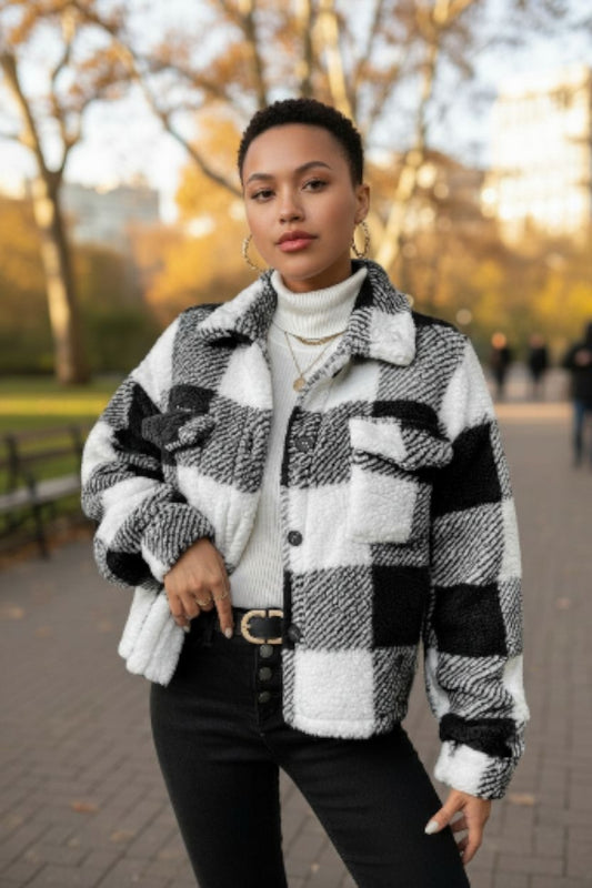 Teddy Jacke mit Buffalo Plaid Muster, Drop Shoulder Pattentaschen Plüsch Kariert