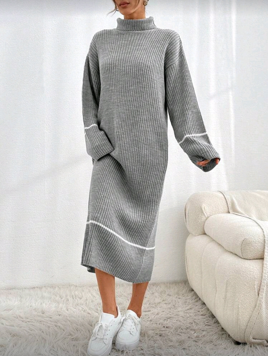 Strickkleid Maxikleid Maxi Kleid gerippt Longpullover Pulli Grau