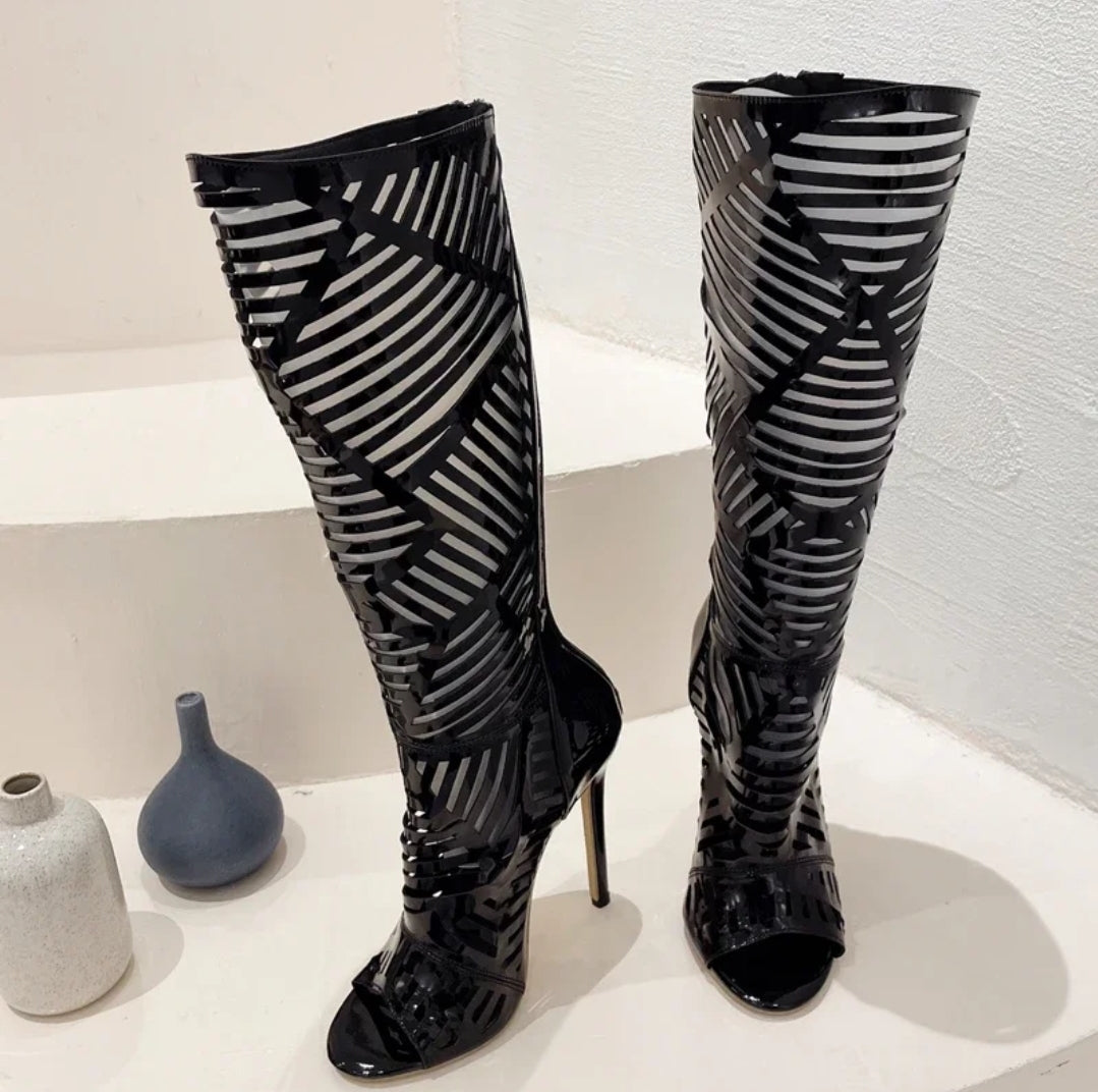 36-40 High Heels Stiefel Kniehoch Cut Out Peeptoe