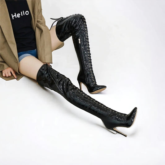 High Heels Stiefel Overknee Schnürung Latex-Optik 12cm
