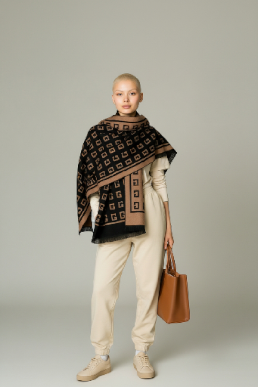 XXL Schal Halstuch Stola Schultertuch schwarz-braun Buchstaben