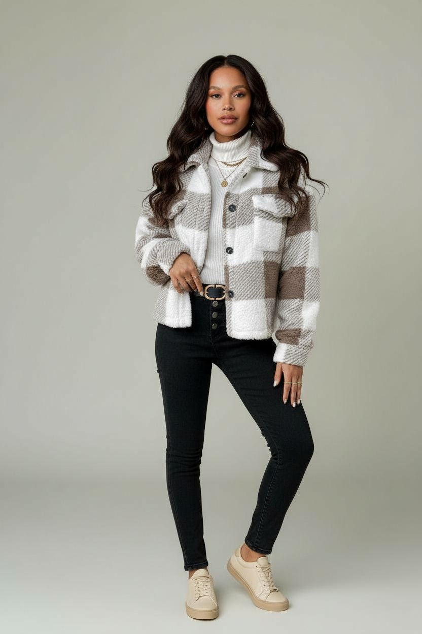 Teddy Jacke mit Buffalo Plaid Muster, Drop Shoulder Pattentaschen Plüsch Kariert