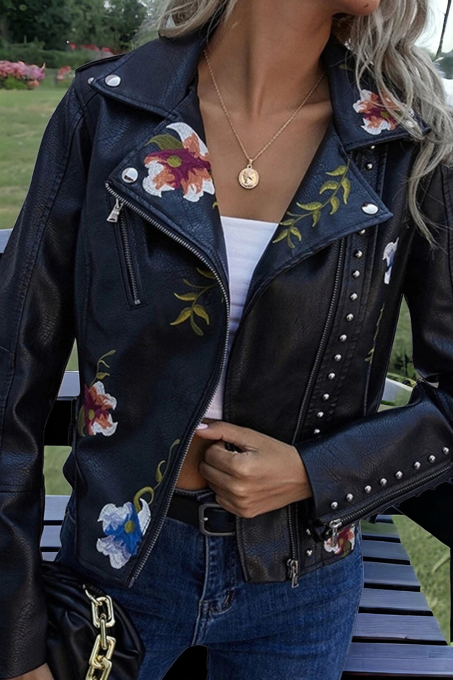 Blumenmuster bestickte weiche Kunstleder-Jacke Damen Biker-Stil kurz XS-XL