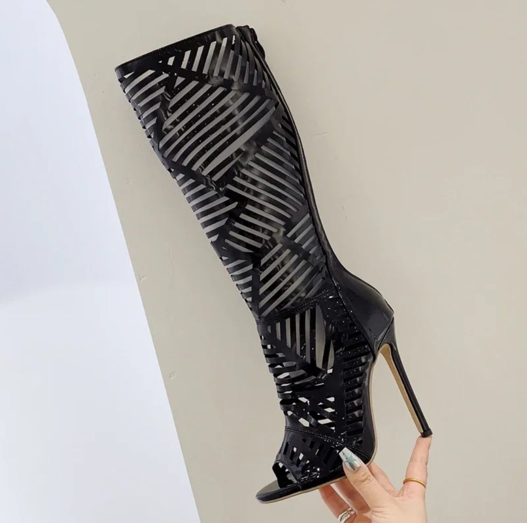 36-40 High Heels Stiefel Kniehoch Cut Out Peeptoe
