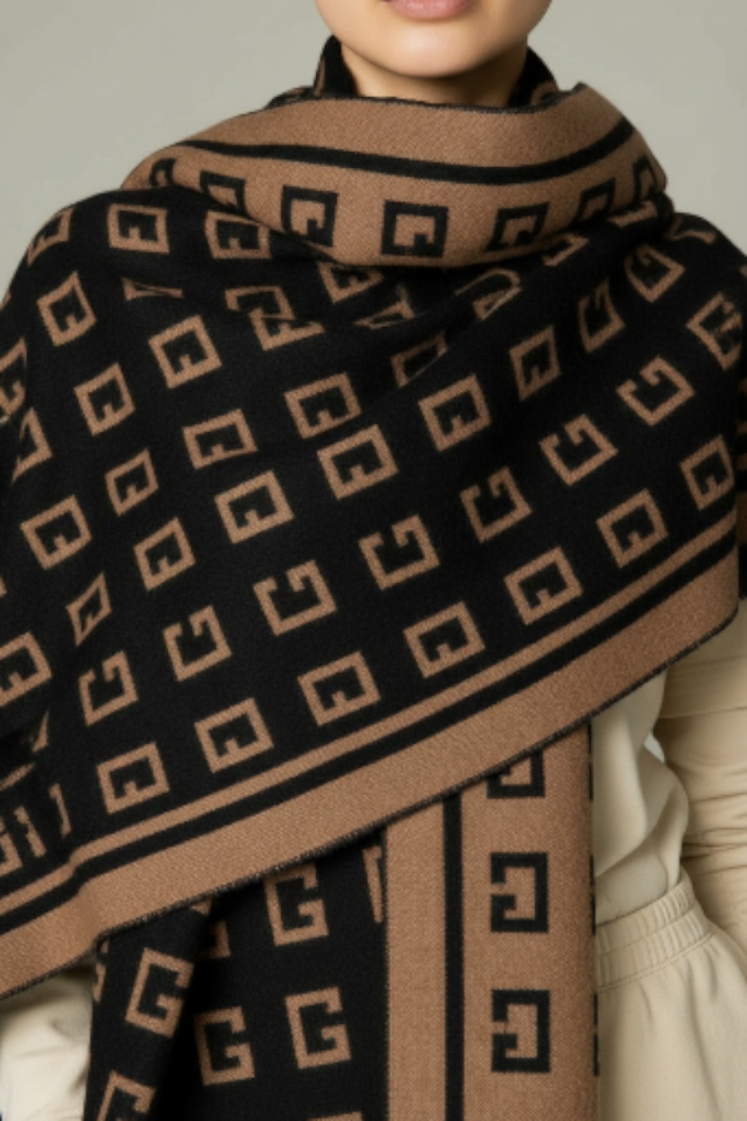 XXL Schal Halstuch Stola Schultertuch schwarz-braun Buchstaben