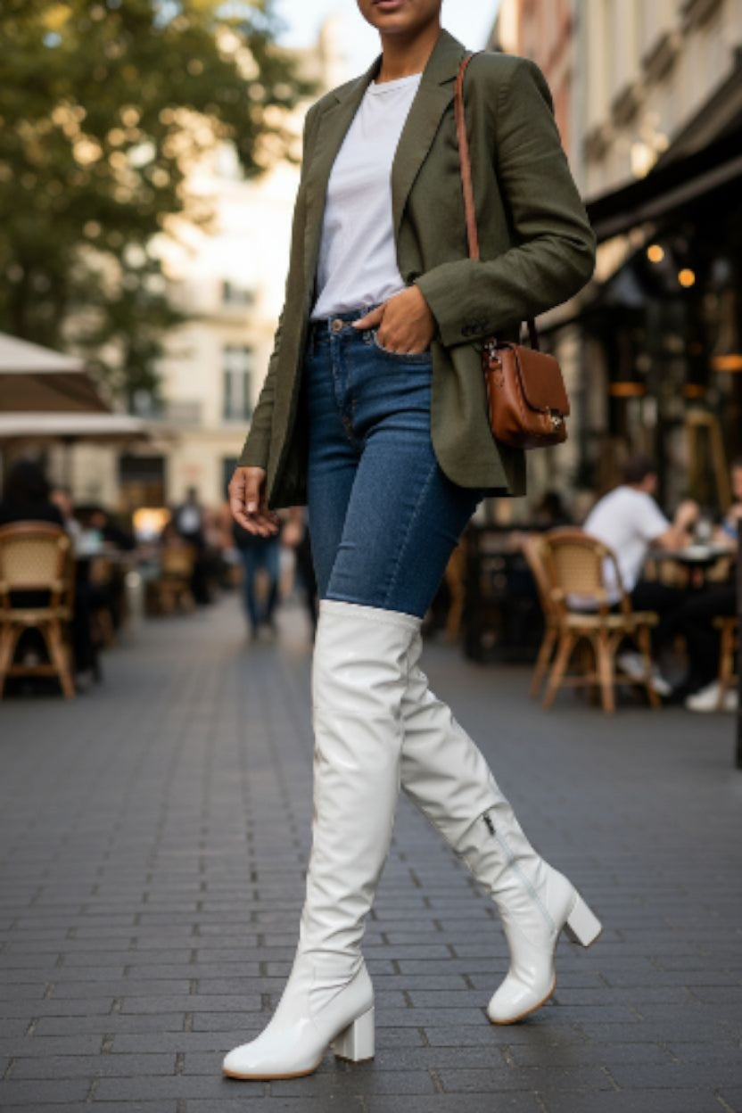 Overknee Stiefel Boots Winterschuhe Blockabsatz Lack-Optik Glanz