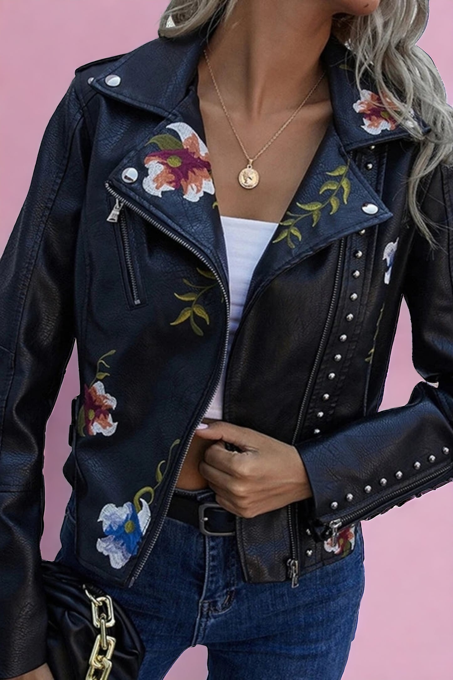 Blumenmuster bestickte weiche Kunstleder-Jacke Damen Biker-Stil kurz XS-XL
