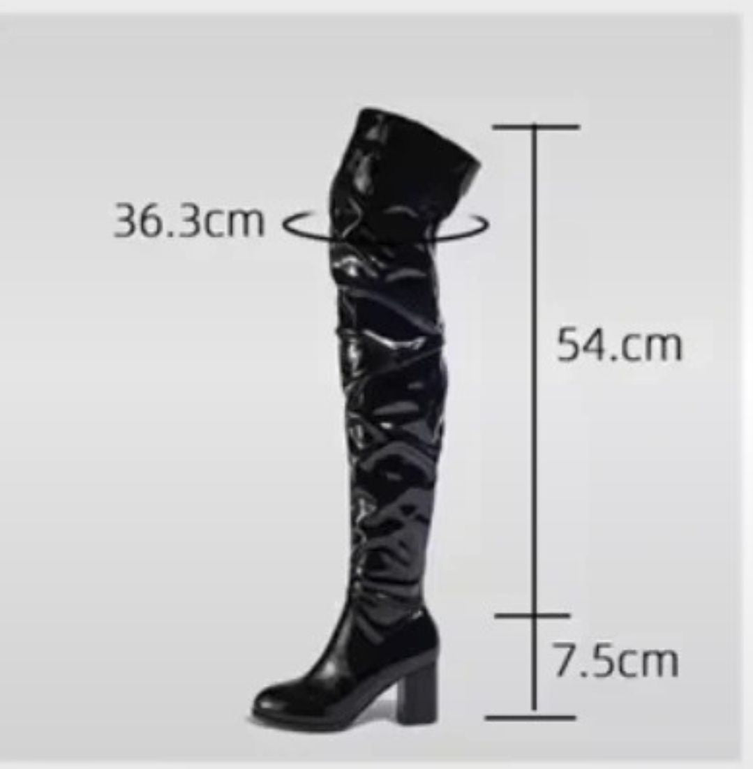 Overknee Stiefel Boots Winterschuhe Blockabsatz Lack-Optik Glanz